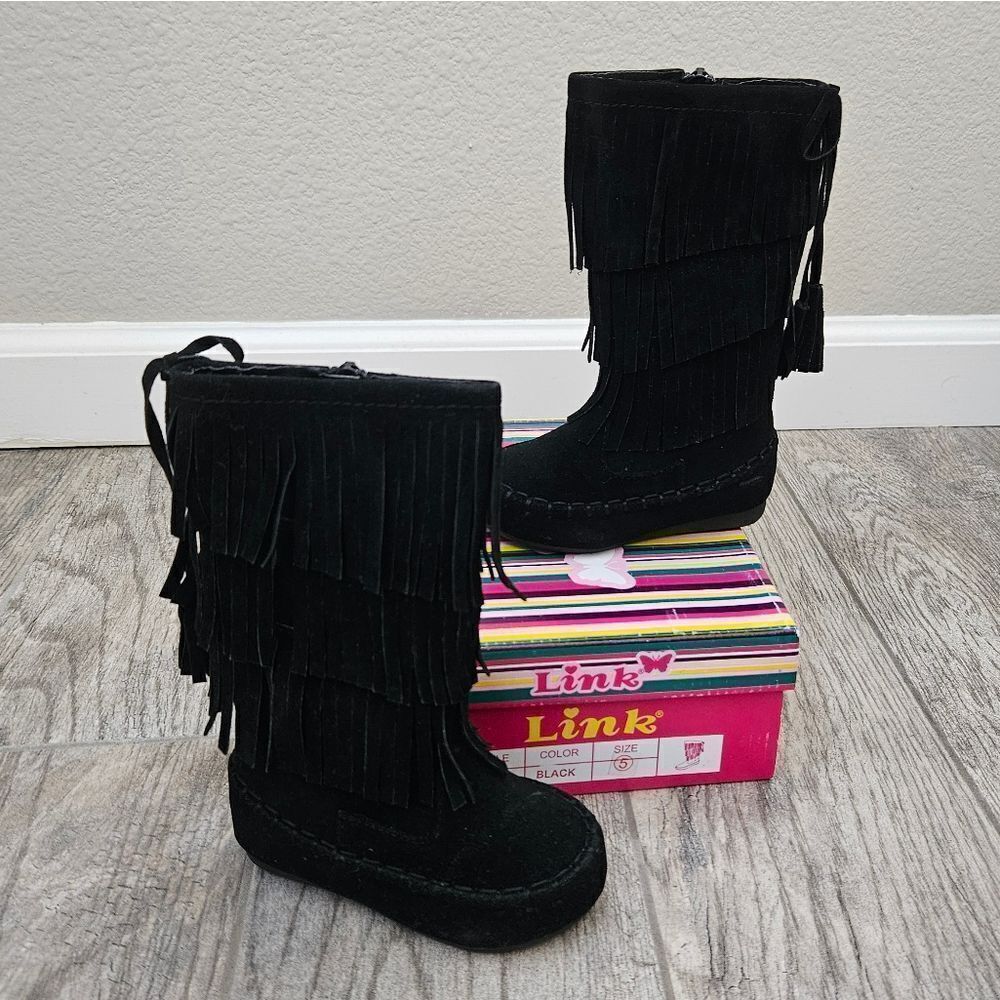 Link Candice 16KA Black Faux Suede Fringe Mid Calf Boots Size 5T